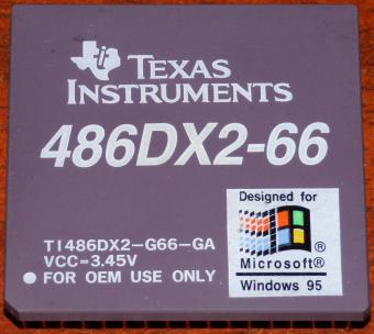 Texas Instruments 486 DX2-66 MHz CPU (TI486DX2-G66-GA) VCC 3.45V, Win95 Logo, 168-pin CPGA, Socket 2/3, Taiwan 1993